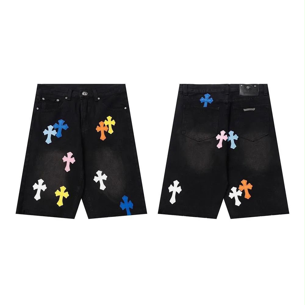 Authentic Chrome Hearts Chrome Hearts Black Denim Multi-Color Cross Patch Shorts – front view