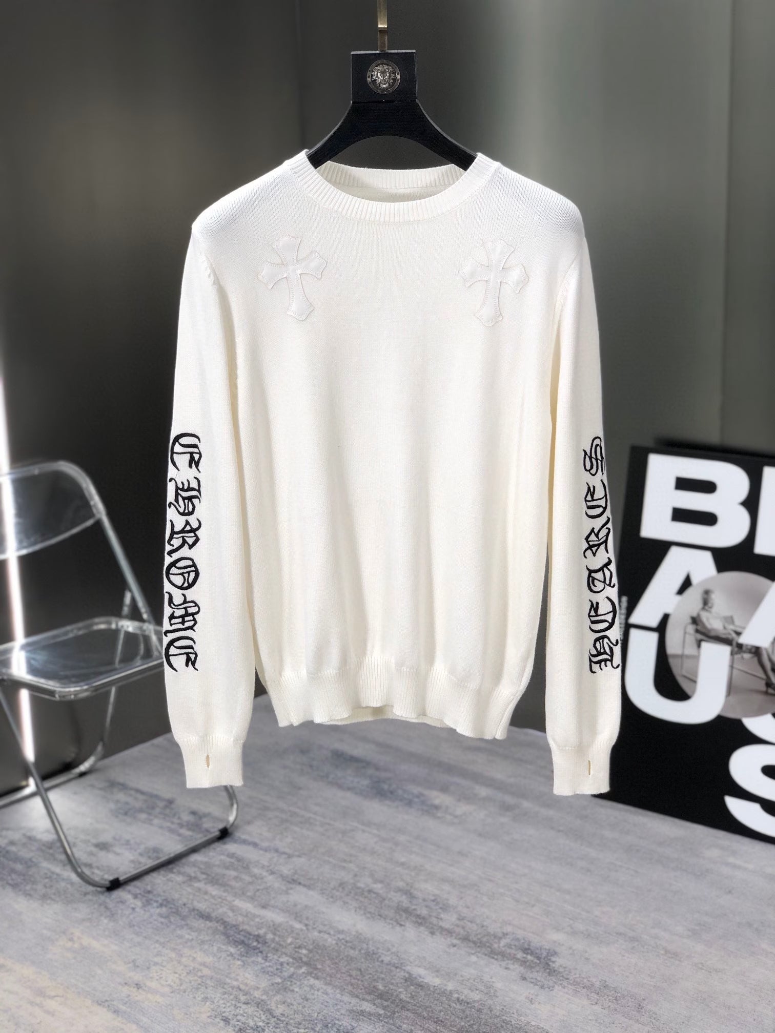 Authentic Chrome Hearts Chrome Hearts White Leather Cross Knit Sweater – front view
