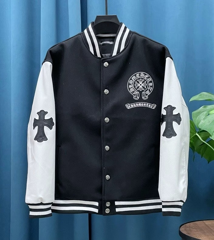 Authentic Chrome Hearts Chrome Hearts Jacket Black & White Leather Sleeve Varsity – front view