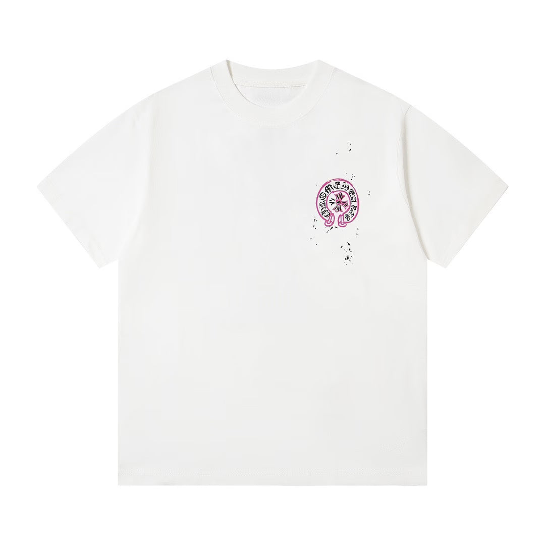 Authentic Chrome Hearts Chrome Hearts Pink Sketch Cross Tee White – front view