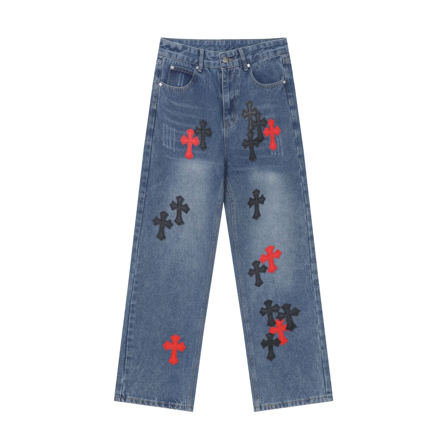 Authentic Chrome Hearts Chrome Hearts Red & Black Cross Patch Blue Jeans – front view