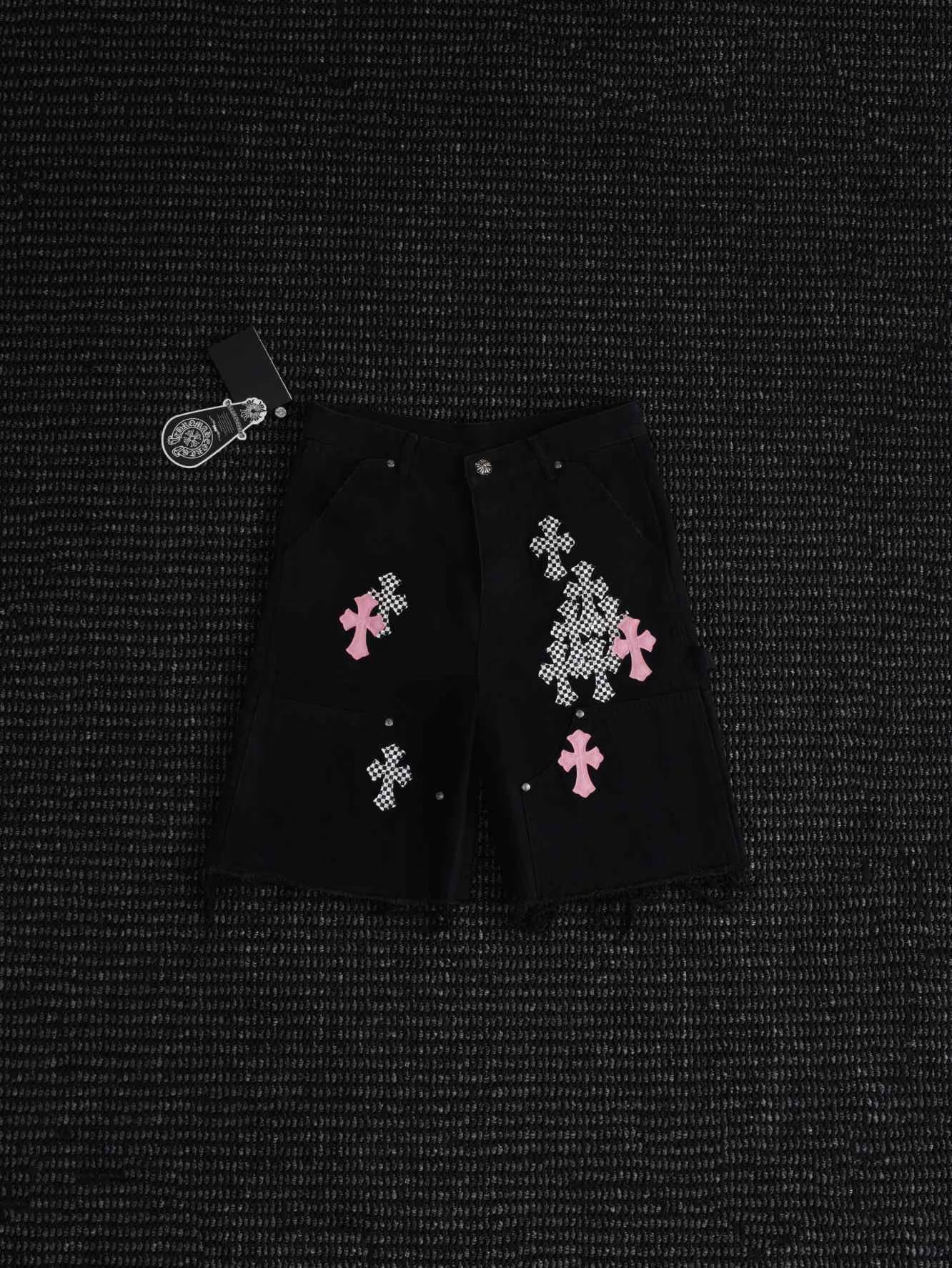 Authentic Chrome Hearts Chrome Hearts Checker Pink Cross Denim Shorts – front view