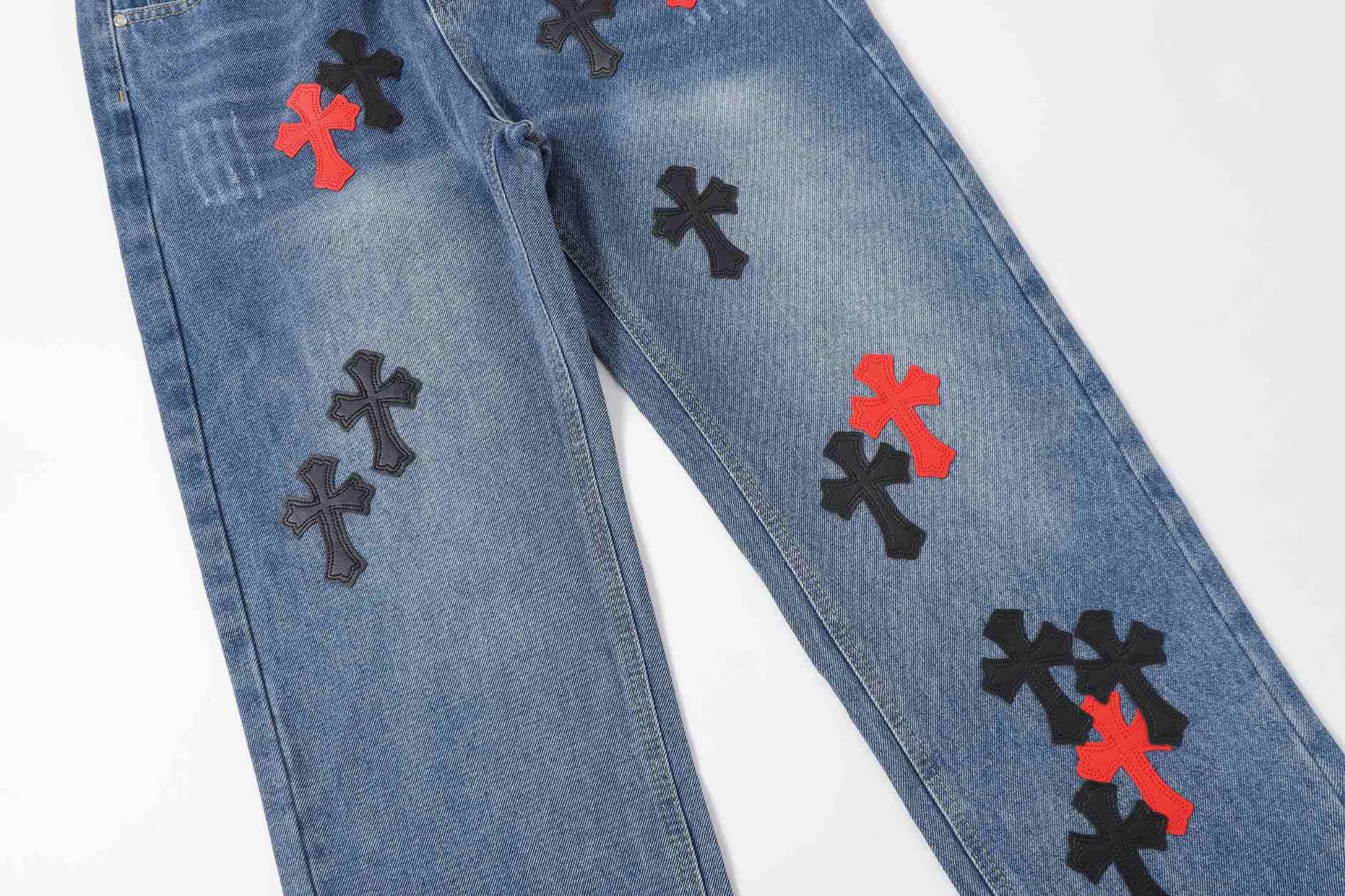 Authentic Chrome Hearts Chrome Hearts Red & Black Cross Patch Blue Jeans – front view