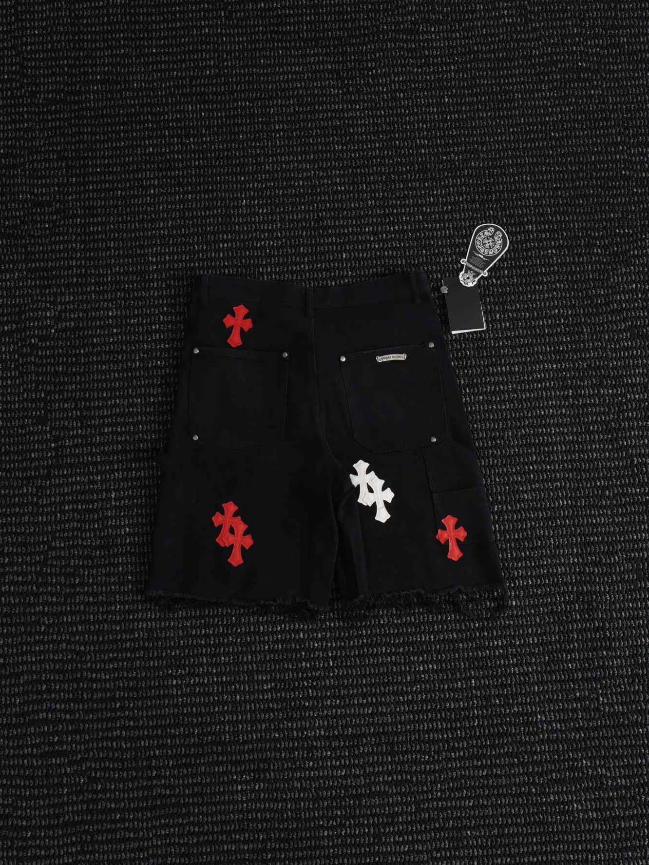 Authentic Chrome Hearts Chrome Hearts Red & White Cross Denim Shorts – front view