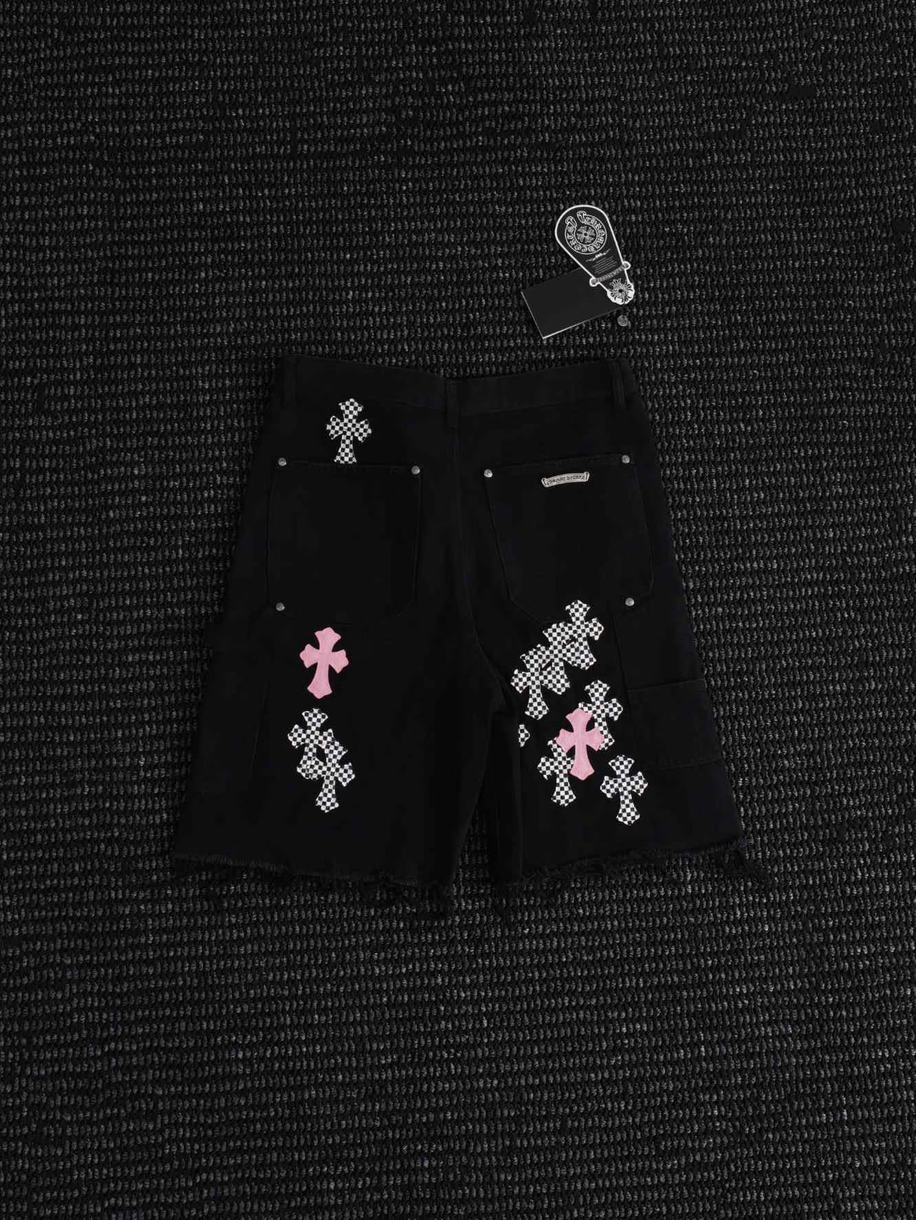 Authentic Chrome Hearts Chrome Hearts Checker Pink Cross Denim Shorts – front view