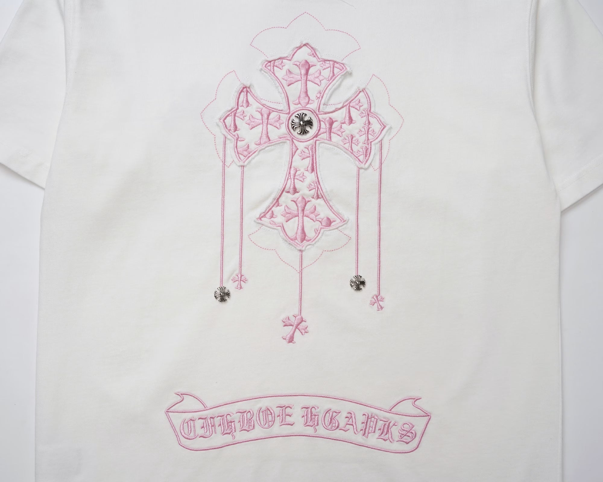 Authentic Chrome Hearts Chrome Hearts White Pink Gothic Cross T-Shirt – front view