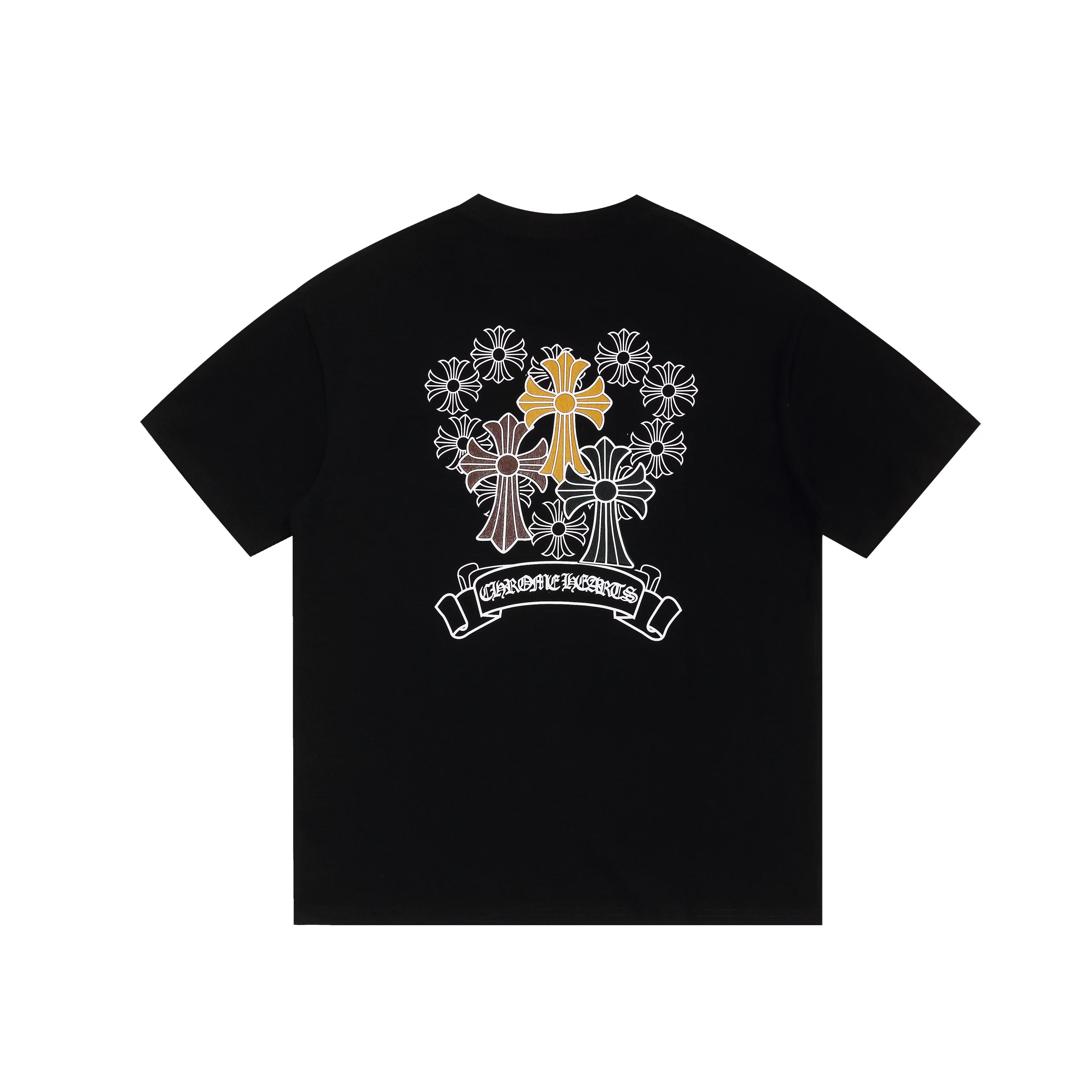 Authentic Chrome Hearts Chrome Hearts Black Gold Floral Cross Logo Tee – front view