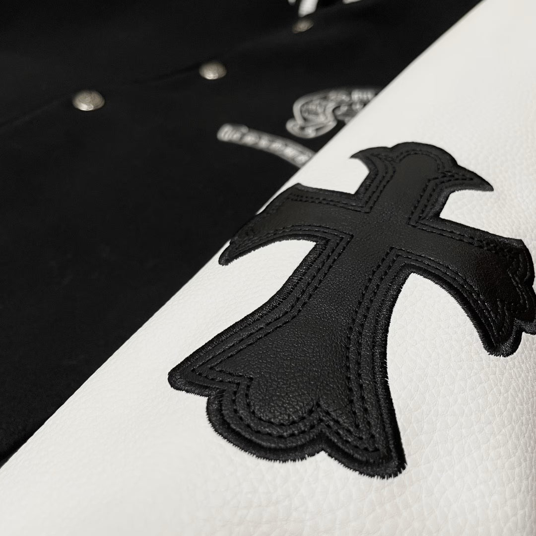 Authentic Chrome Hearts Chrome Hearts Jacket Black & White Leather Sleeve Varsity – front view