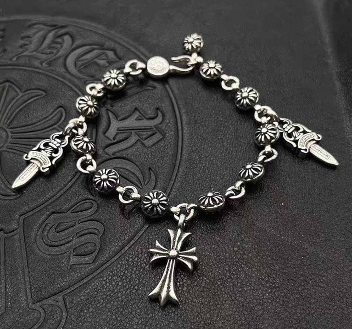 Authentic Chrome Hearts Chrome Hearts Floral Bead Cross Dagger Charm Bracelet – front view