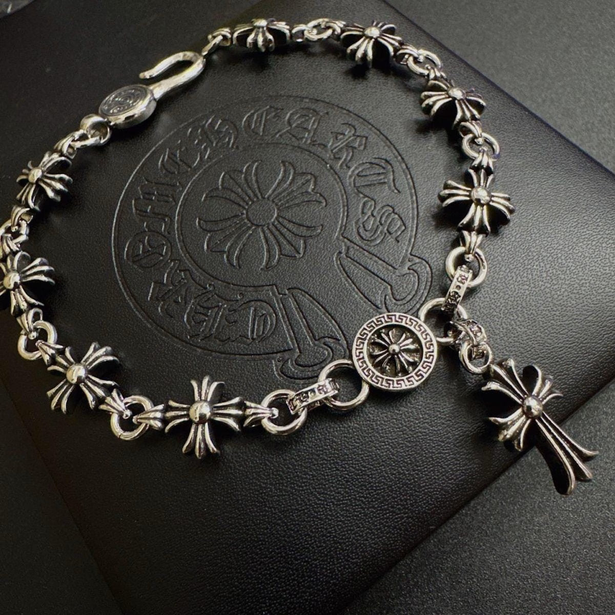 Authentic Chrome Hearts Chrome Hearts Tiny CH Cross Link Bracelet with Cross Charm – front view