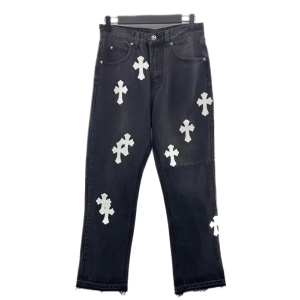 Authentic Chrome Hearts Chrome Heart Cross Stitched Lather Jeans – front view