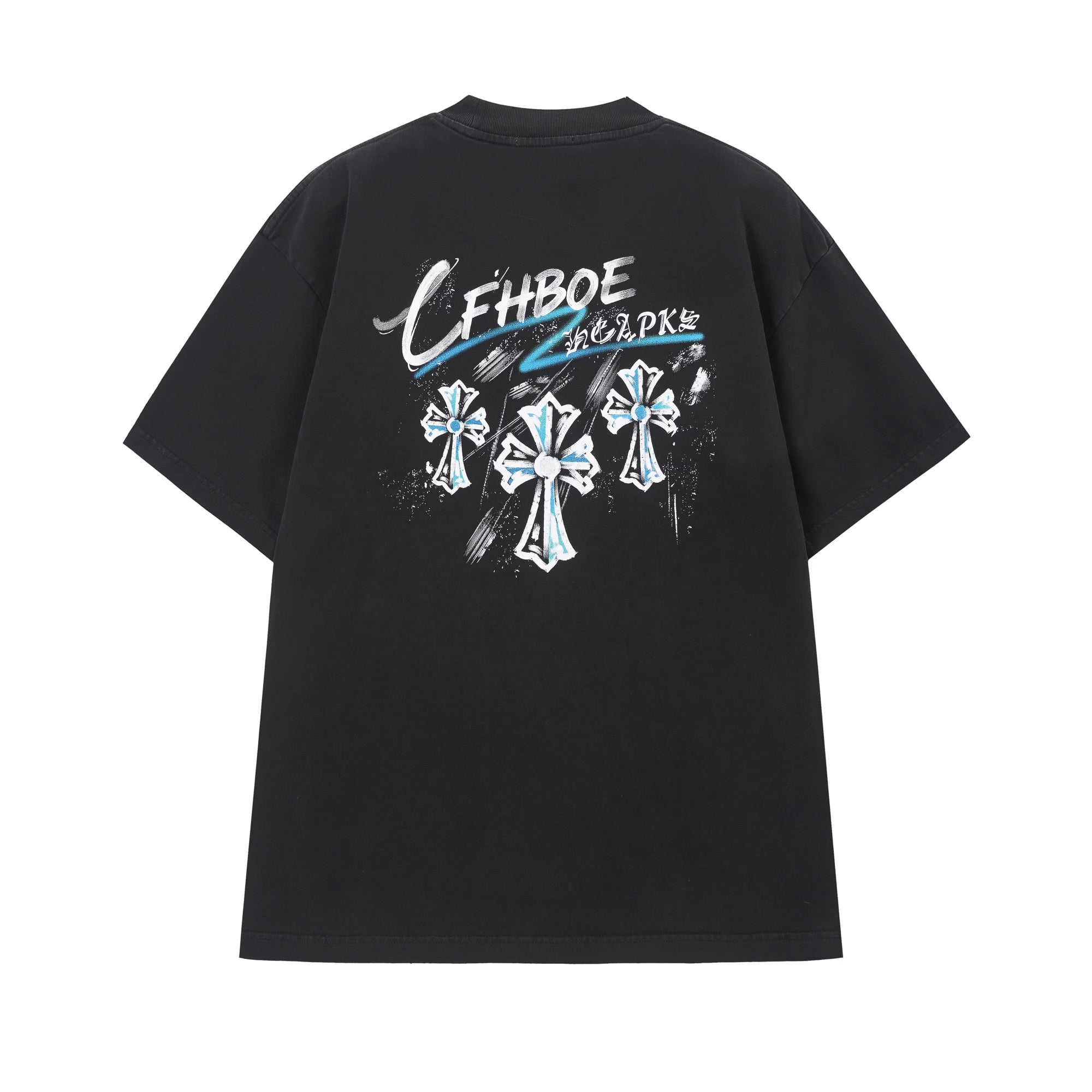 Authentic Chrome Hearts Chrome Hearts Blue Triple Cross Graffiti T-Shirt Black â€“ front view