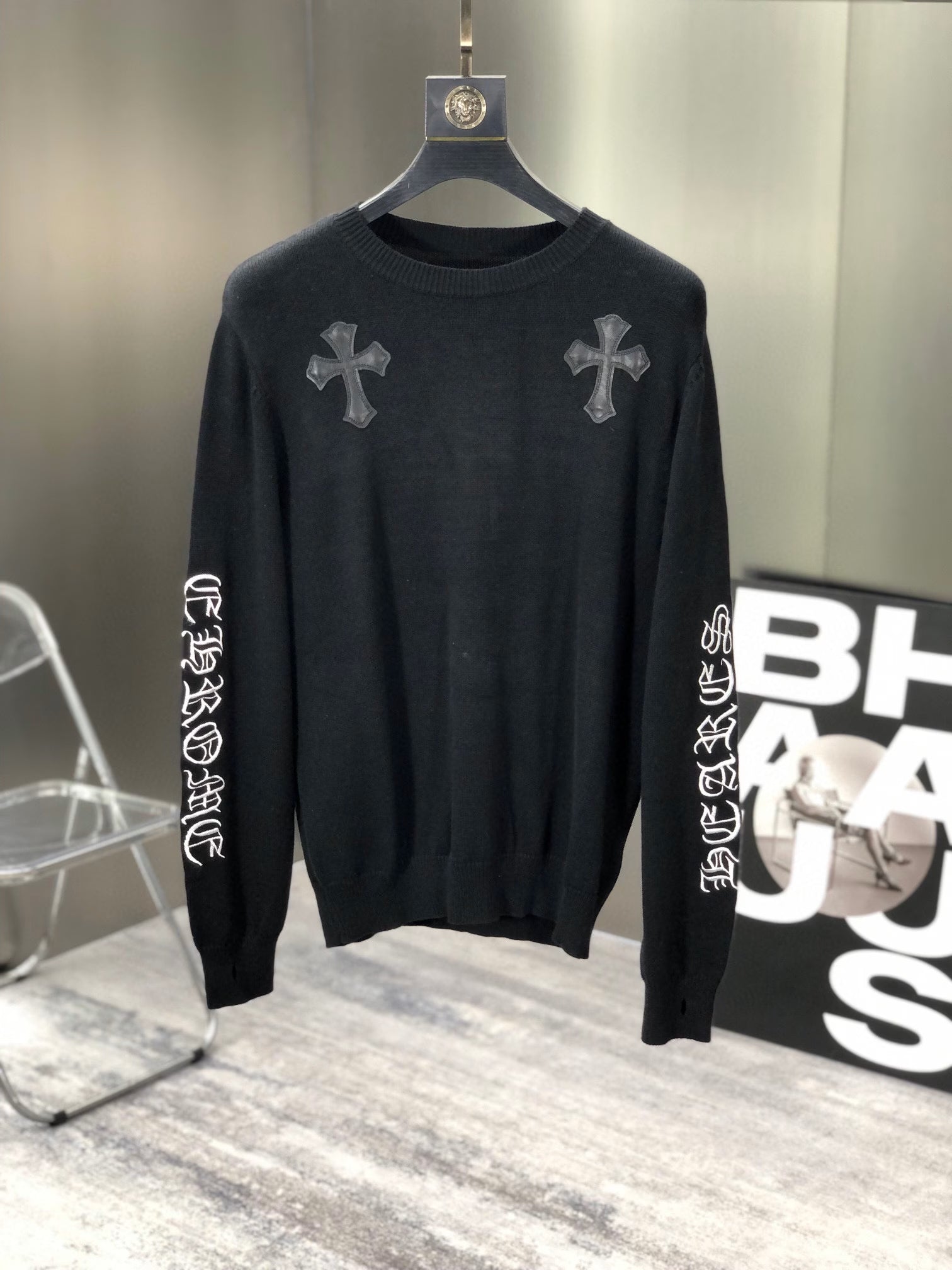 Authentic Chrome Hearts Chrome Hearts Black Leather Cross Knit Sweater â€“ front view