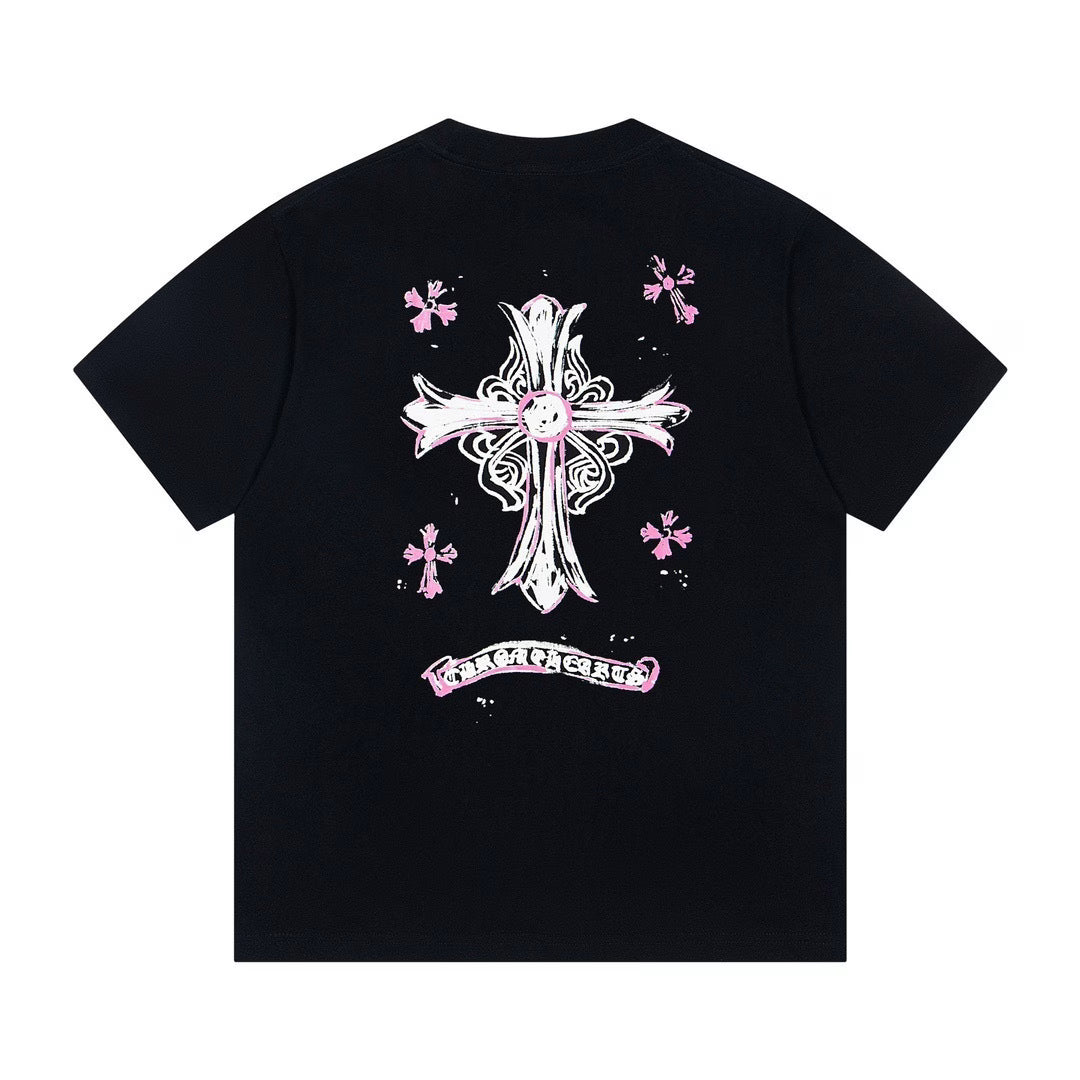 Authentic Chrome Hearts Chrome Hearts Pink Sketch Cross Tee Black â€“ front view