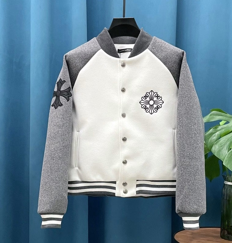 Authentic Chrome Hearts Chrome Hearts Grey & White Wool Varsity Jacket â€“ front view