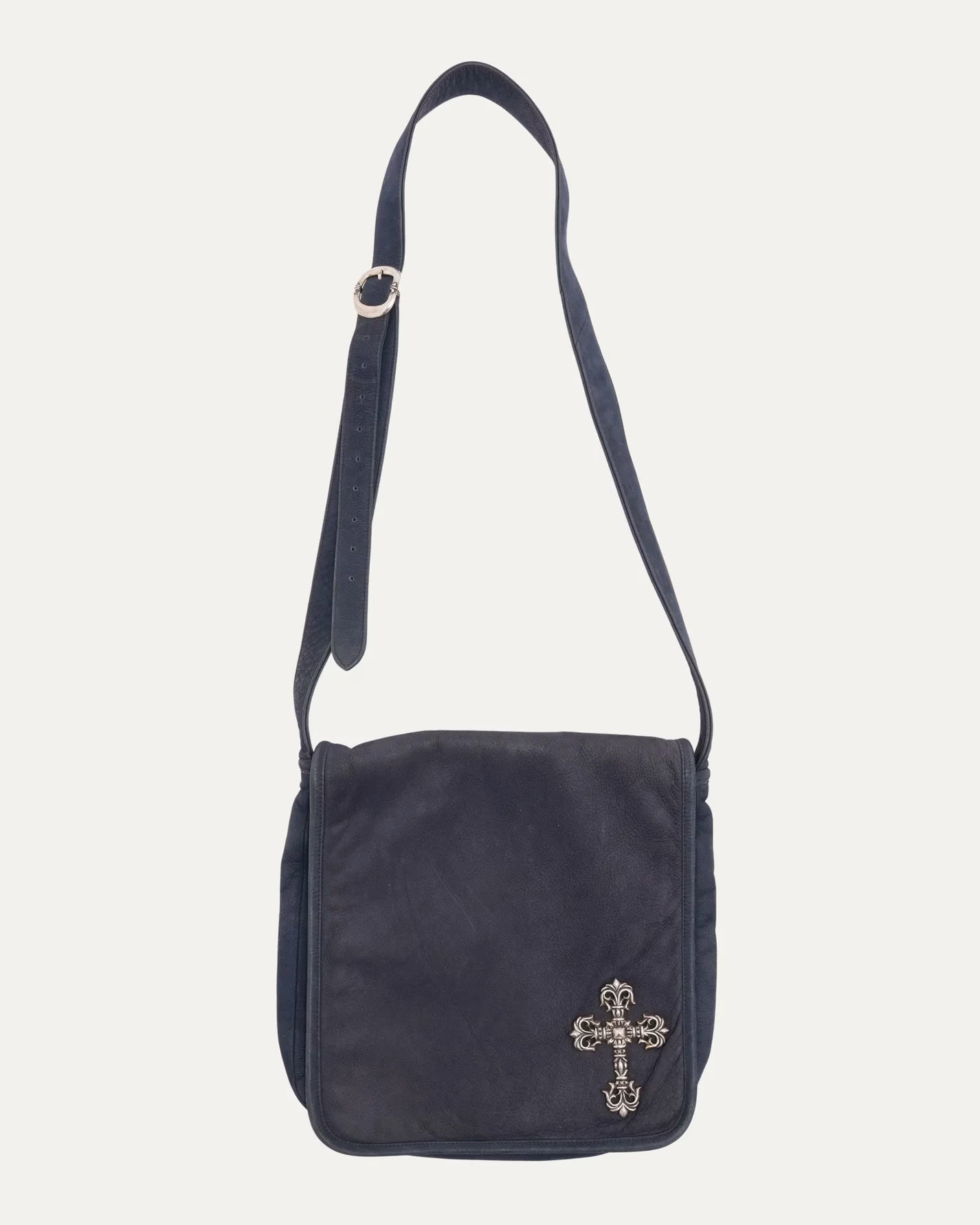 Authentic Chrome Hearts Chrome Hearts Filigree Cross Embellished Leather Messenger Bag â€“ front view