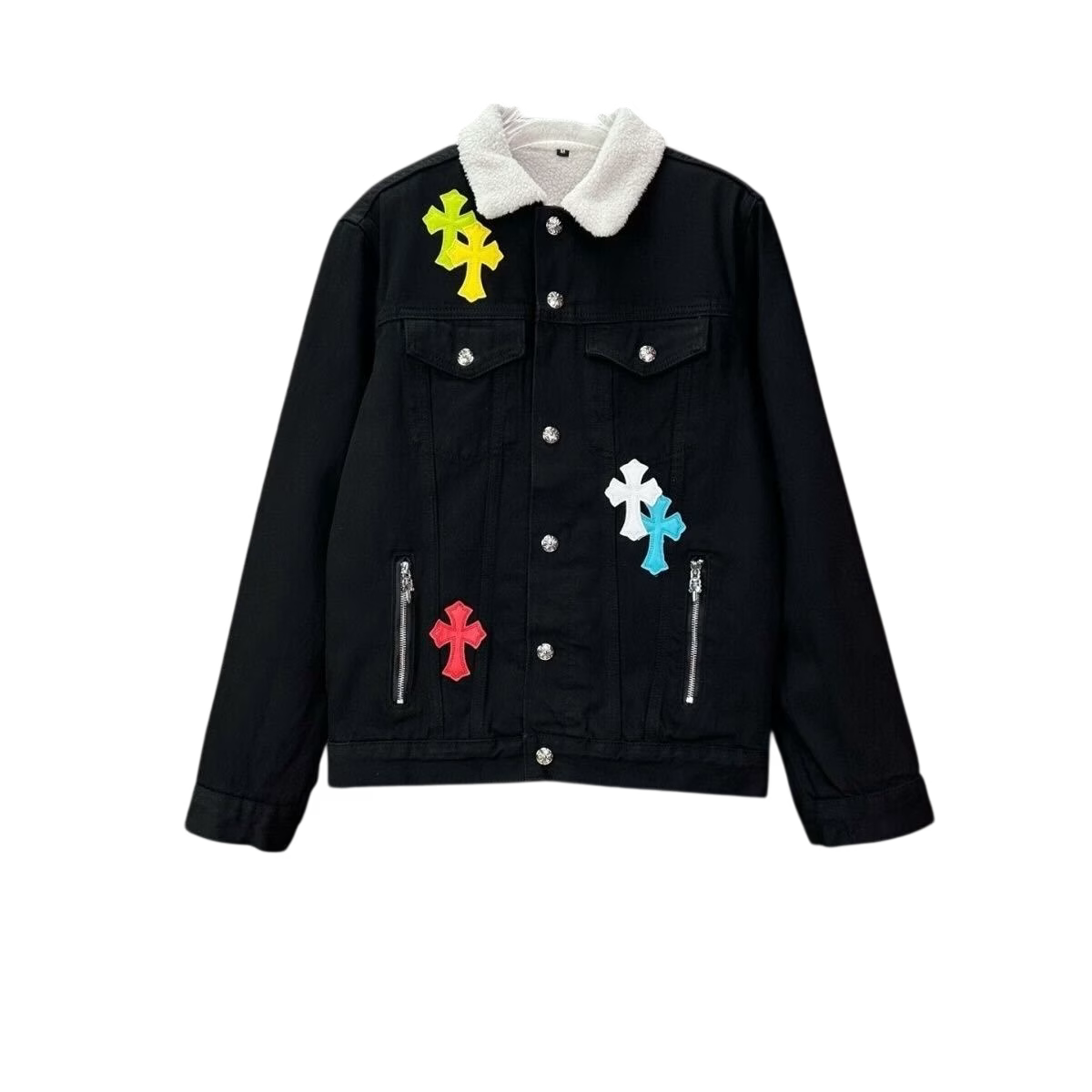 Authentic Chrome Hearts Chrome Hearts Denim Jacket With White Collar & Cross Patches â€“ front view