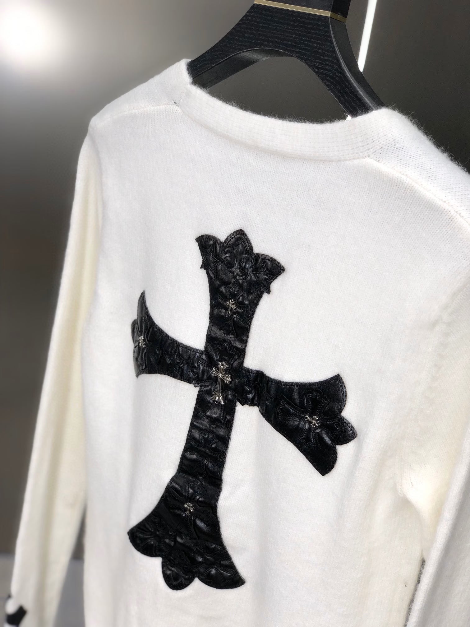 Authentic Chrome Hearts Chrome Hearts Leather Cross Motif Knit Cardigan â€“ front view