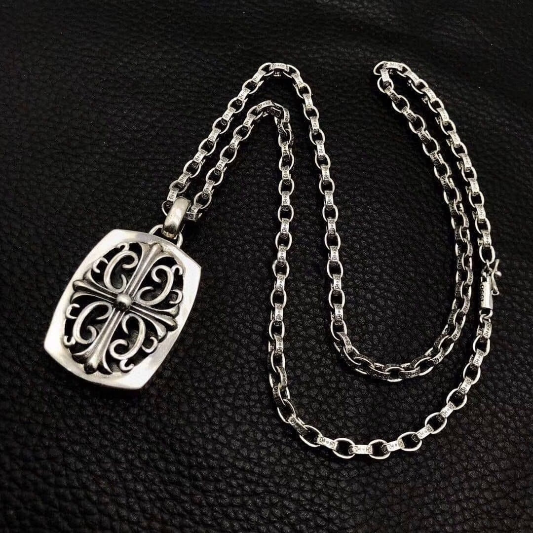 Authentic Chrome Hearts Chrome Hearts Floral Cross Dog Tag Necklace â€“ front view