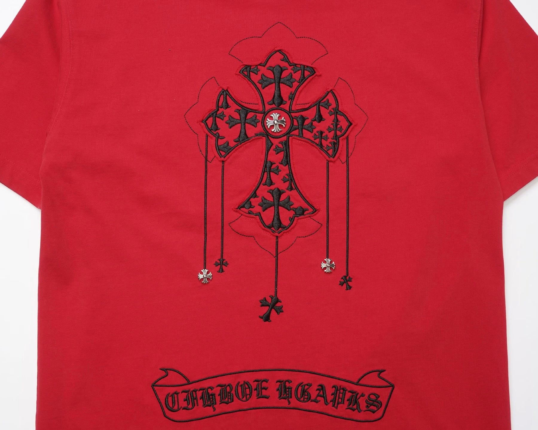 Authentic Chrome Hearts Chrome Hearts Red Gothic Cross Patch T-Shirt â€“ front view