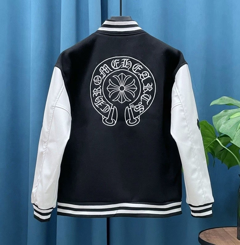 Authentic Chrome Hearts Chrome Hearts Jacket Black & White Leather Sleeve Varsity â€“ front view