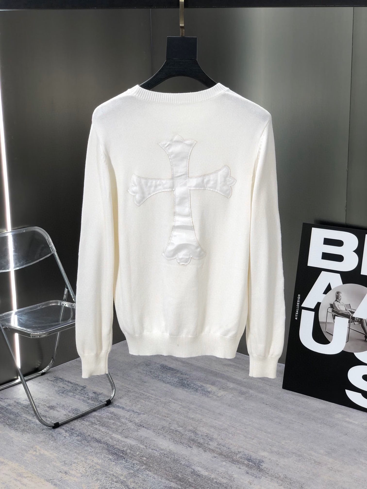 Authentic Chrome Hearts Chrome Hearts White Leather Cross Knit Sweater â€“ front view