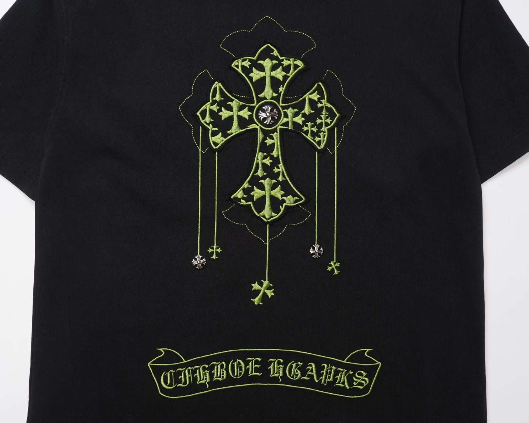 Authentic Chrome Hearts Chrome Hearts Black Green Gothic Cross T-Shirt â€“ front view