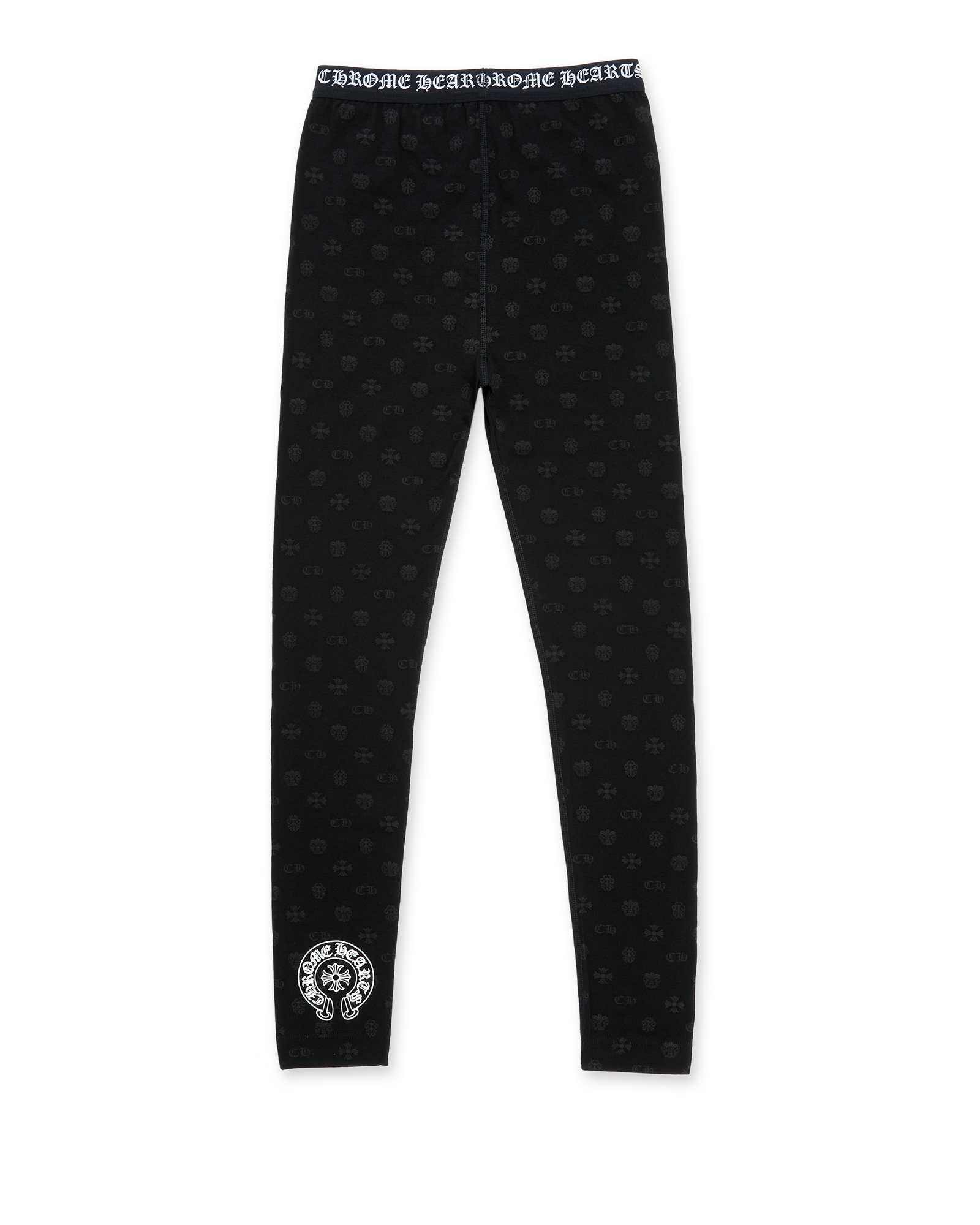 Authentic Chrome Hearts Chrome Hearts Black Cotton Leggings With Gray Multilogo Print â€“ front view