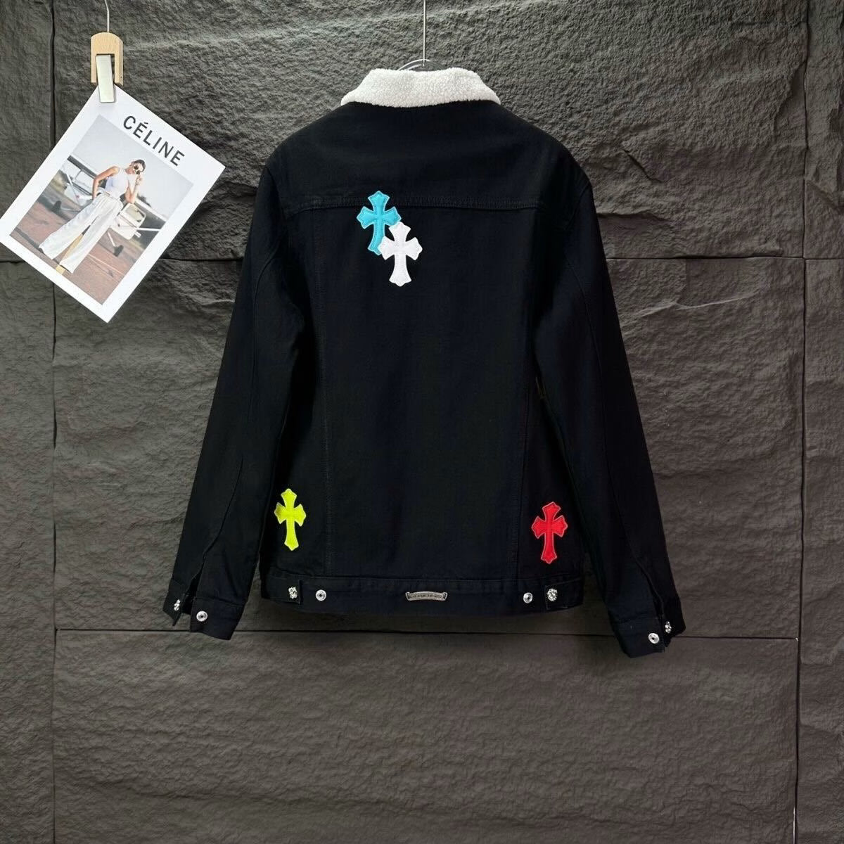 Authentic Chrome Hearts Chrome Hearts Denim Jacket With White Collar & Cross Patches â€“ front view