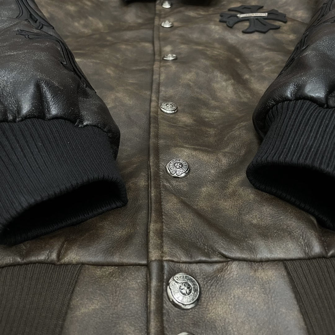 Authentic Chrome Hearts Chrome Hearts Vintage Cross Leather Jacket â€“ Brown â€“ front view
