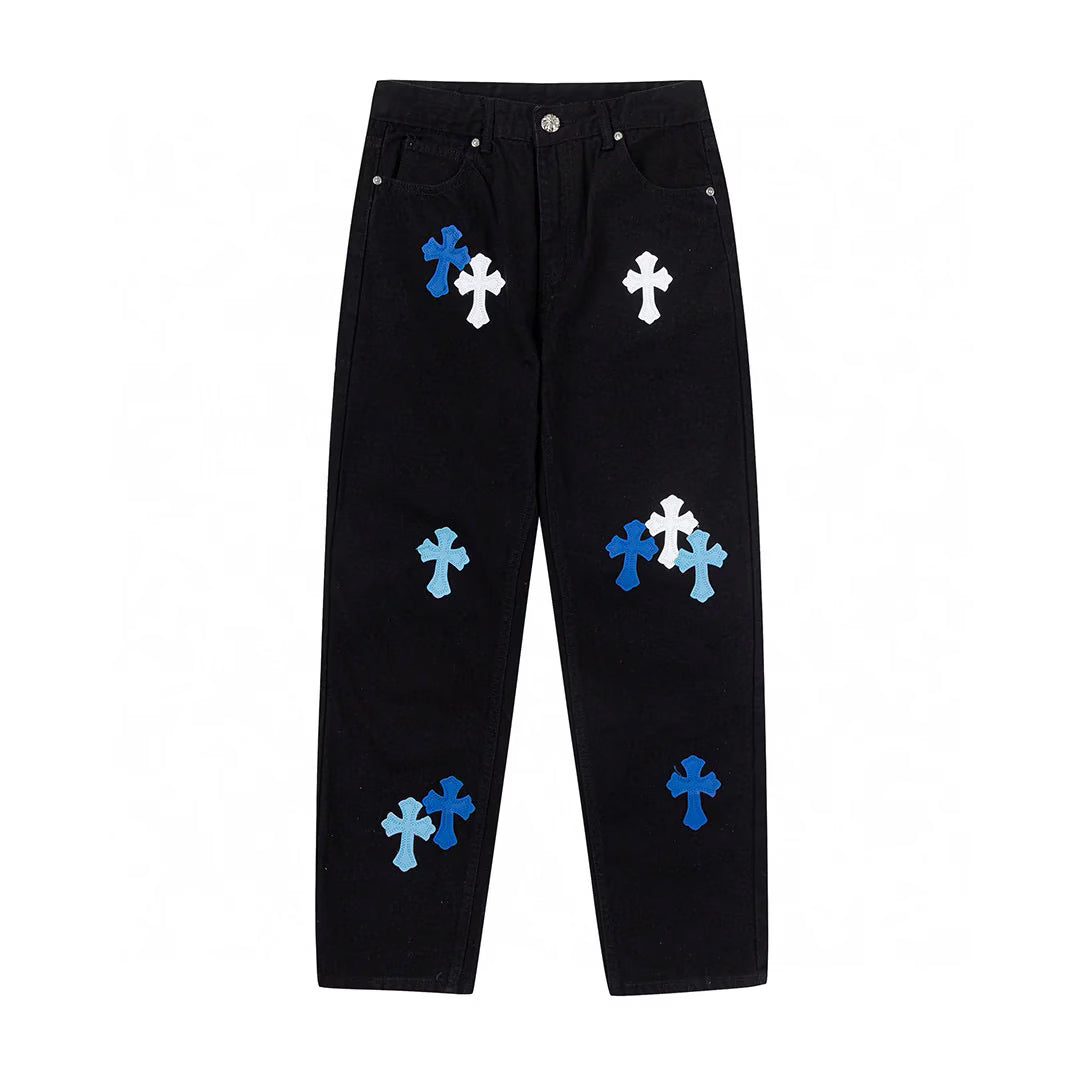 Authentic Chrome Hearts Chrome Hearts Blue & White Cross Patch Jeans â€“ front view