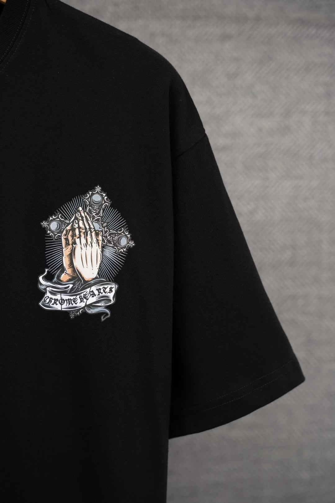 Authentic Chrome Hearts Chrome Hearts Praying Hands Cross Tee (Black) â€“ front view