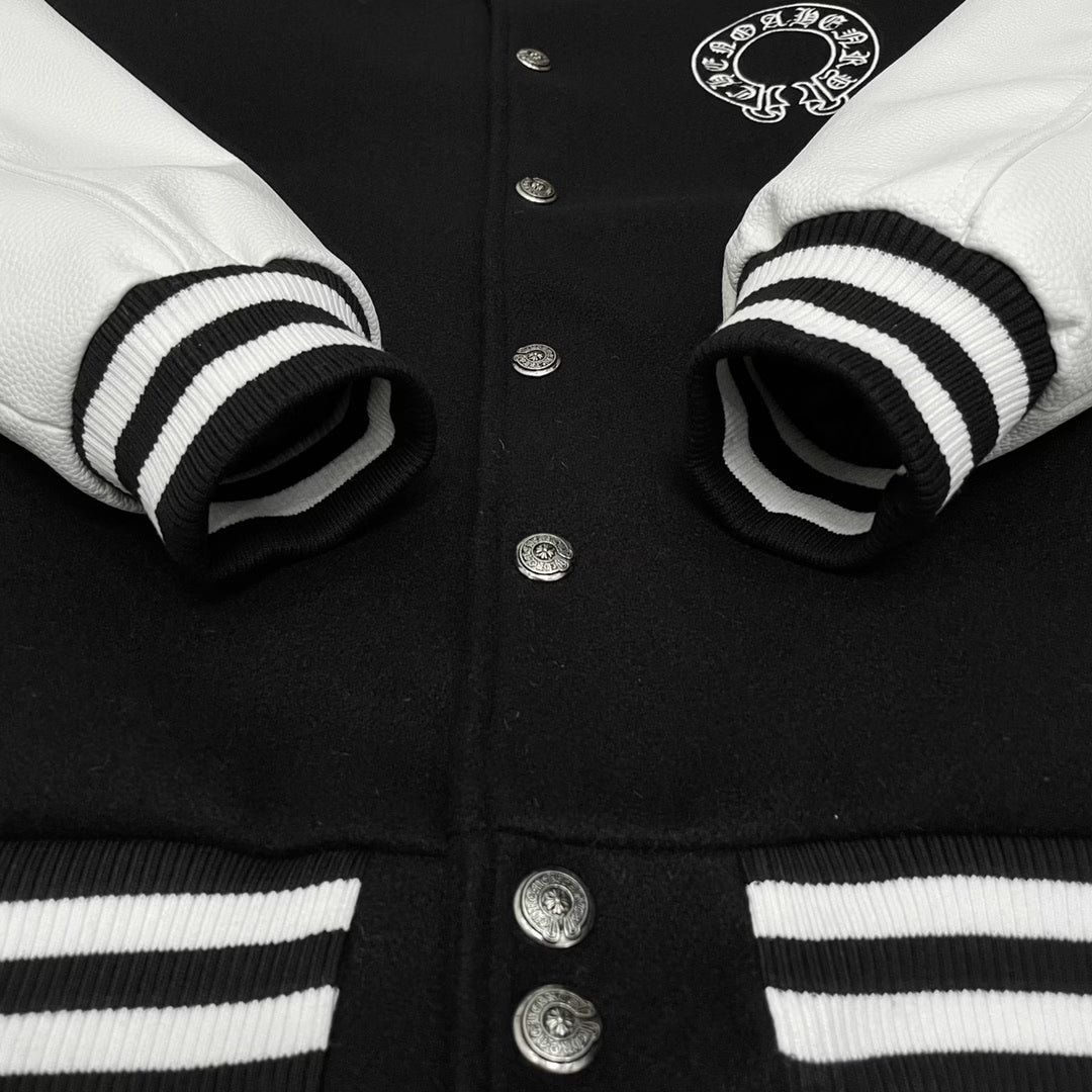 Authentic Chrome Hearts Chrome Hearts Horseshoe Logo Varsity Jacket (Black/White) â€“ front view