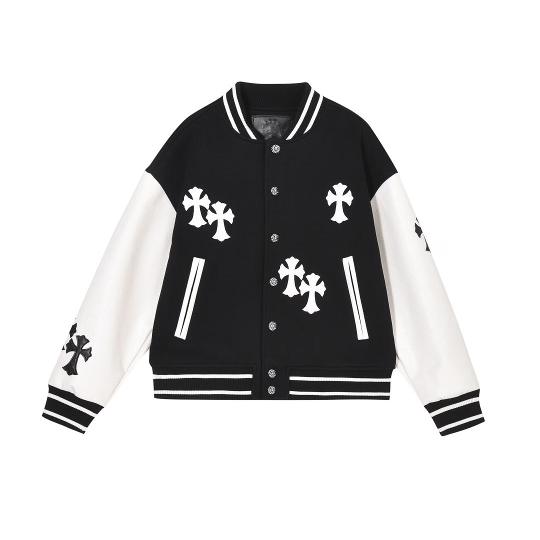 Authentic Chrome Hearts Chrome Hearts Varsity Jacket Black/White Leather Sleeves â€“ front view