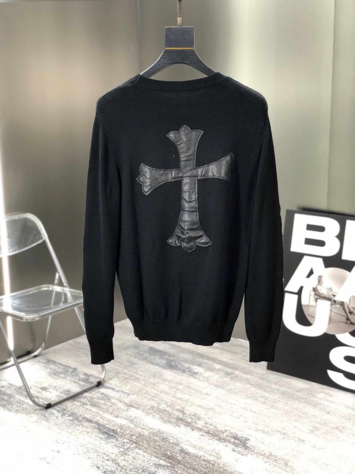 Authentic Chrome Hearts Chrome Hearts Black Leather Cross Knit Sweater â€“ front view