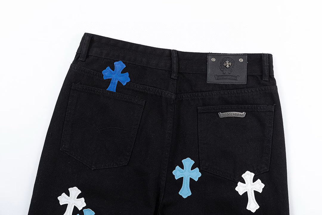 Authentic Chrome Hearts Chrome Hearts Blue & White Cross Patch Jeans â€“ front view