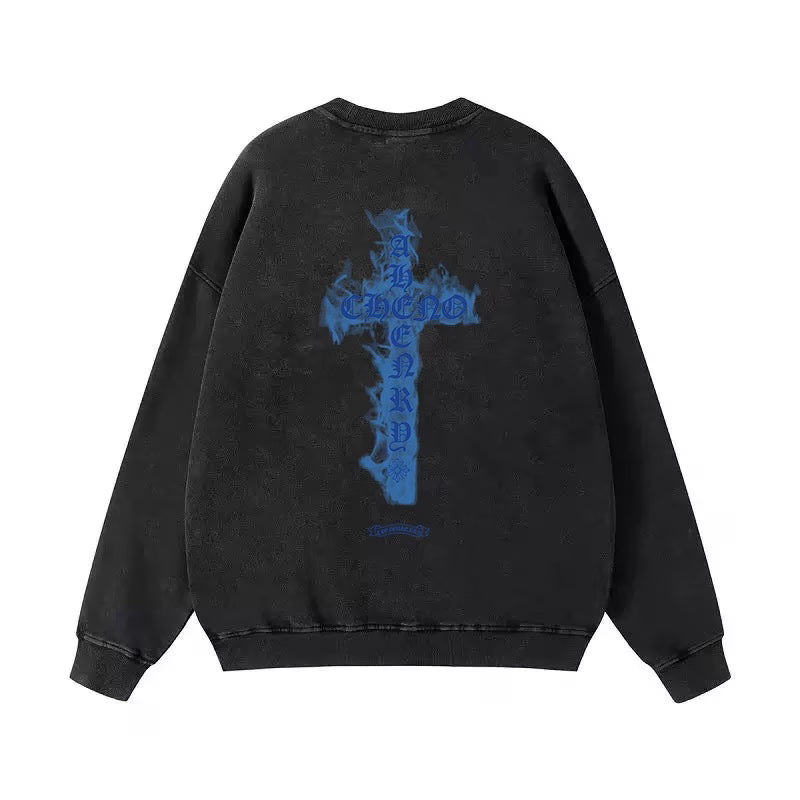 Authentic Chrome Hearts Chrome Hearts Blue Flaming Cross Long Sleeve Black â€“ front view