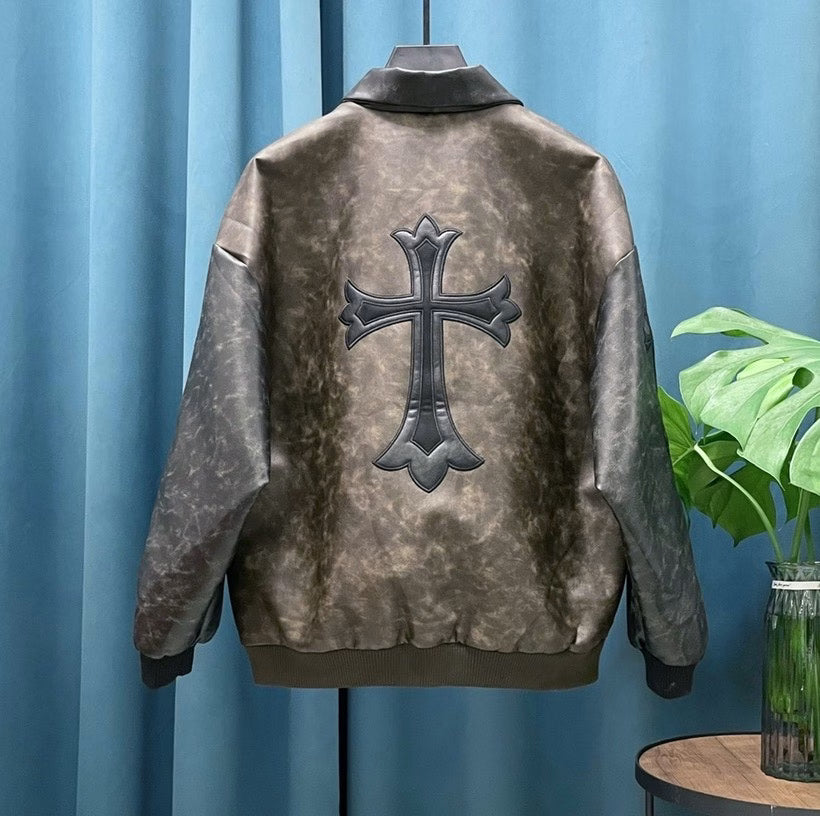Authentic Chrome Hearts Chrome Hearts Vintage Cross Leather Jacket â€“ Brown â€“ front view