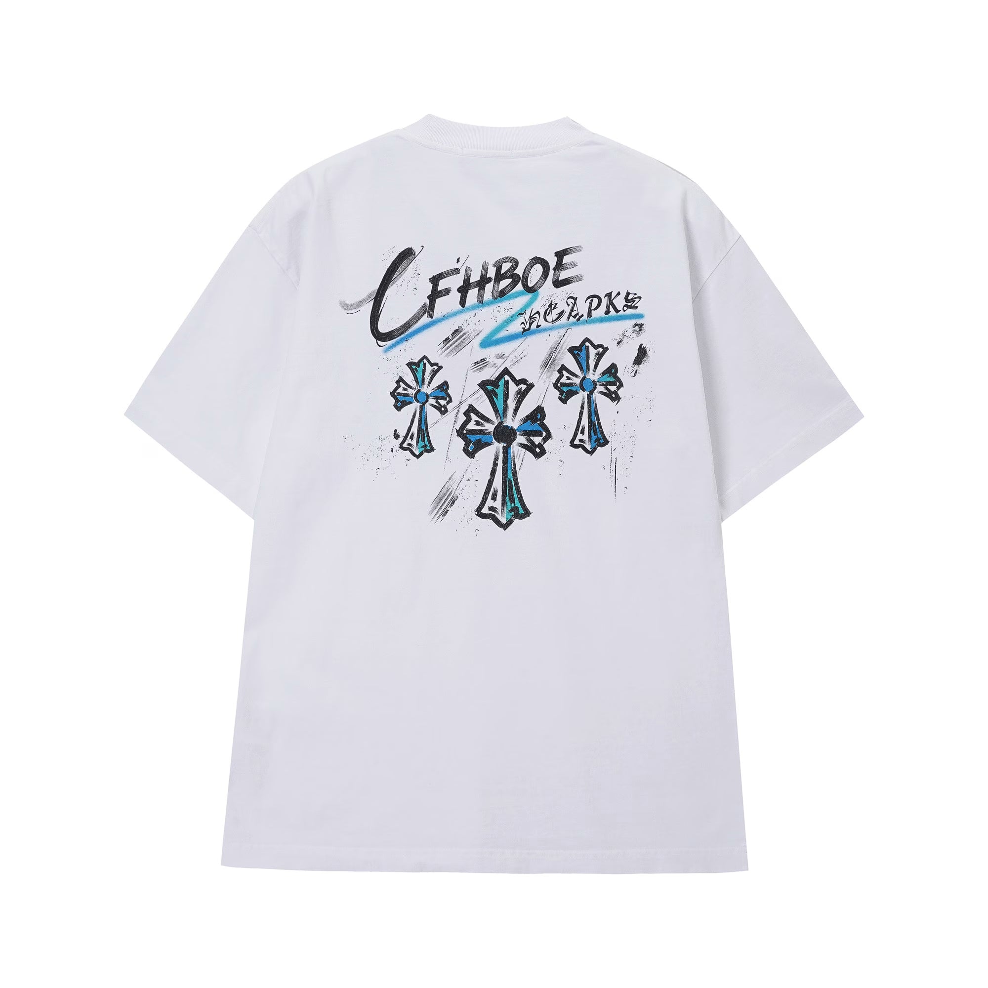Authentic Chrome Hearts Chrome Hearts Blue Triple Cross Graffiti T-Shirt White â€“ front view