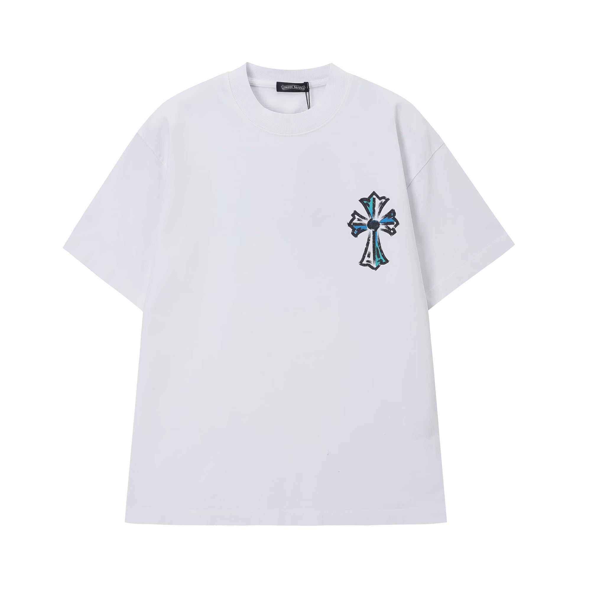 Authentic Chrome Hearts Chrome Hearts Blue Triple Cross Graffiti T-Shirt White â€“ front view