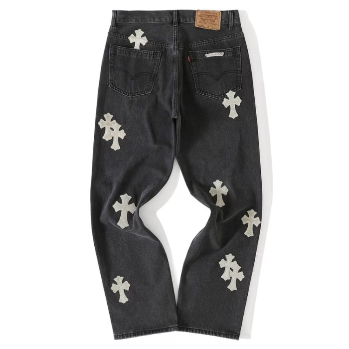 Authentic Chrome Hearts CHROME HEARTS WHITE CROSS PATCH DENIM JEANS â€“ front view