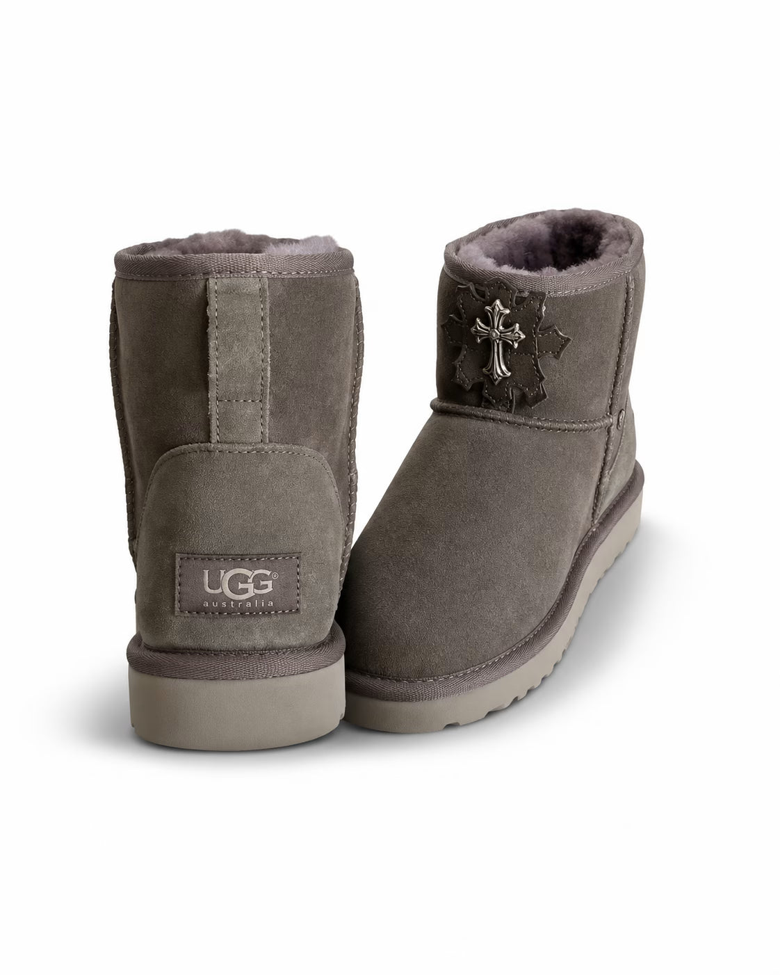 Authentic Chrome Hearts Chrome Hearts Gothic Cross Ultra Mini UGG Boots â€“ Gray â€“ front view