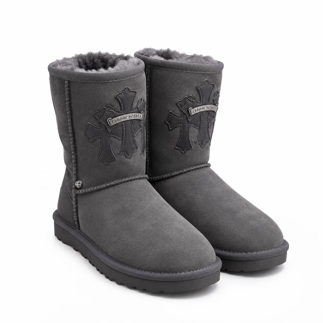 Authentic Chrome Hearts Chrome Hearts Gothic Cross Classic Short UGG Boots â€“ Gray â€“ front view