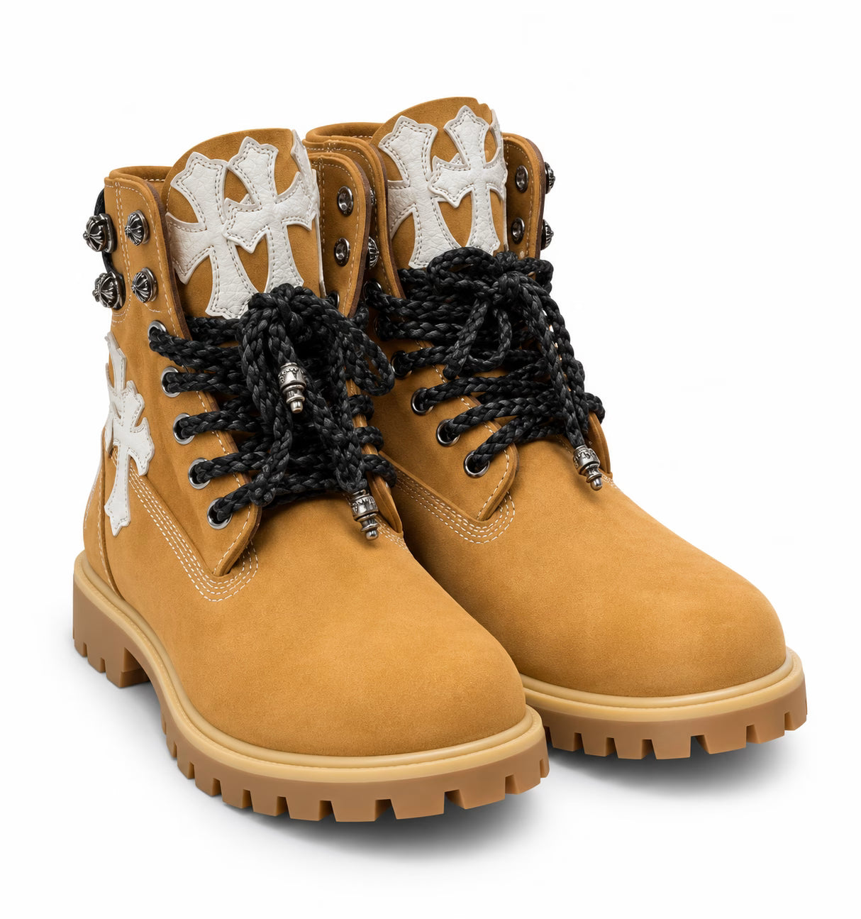 Authentic Chrome Hearts Chrome Hearts White Cross Patch Lace-Up Boots â€“ Wheat â€“ front view