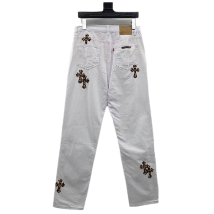 Authentic Chrome Hearts Chrome Heart White Leopard Cross Jeans – front view