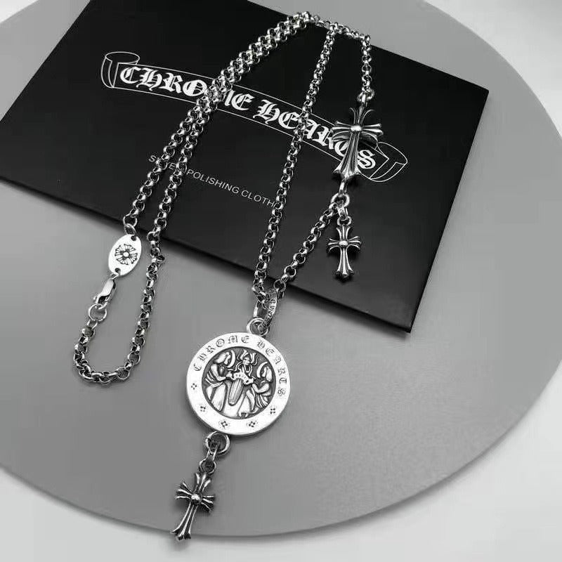 Authentic Chrome Hearts Chrome Hearts Angel Medallion Pendant Necklace with Cross Charm – front view