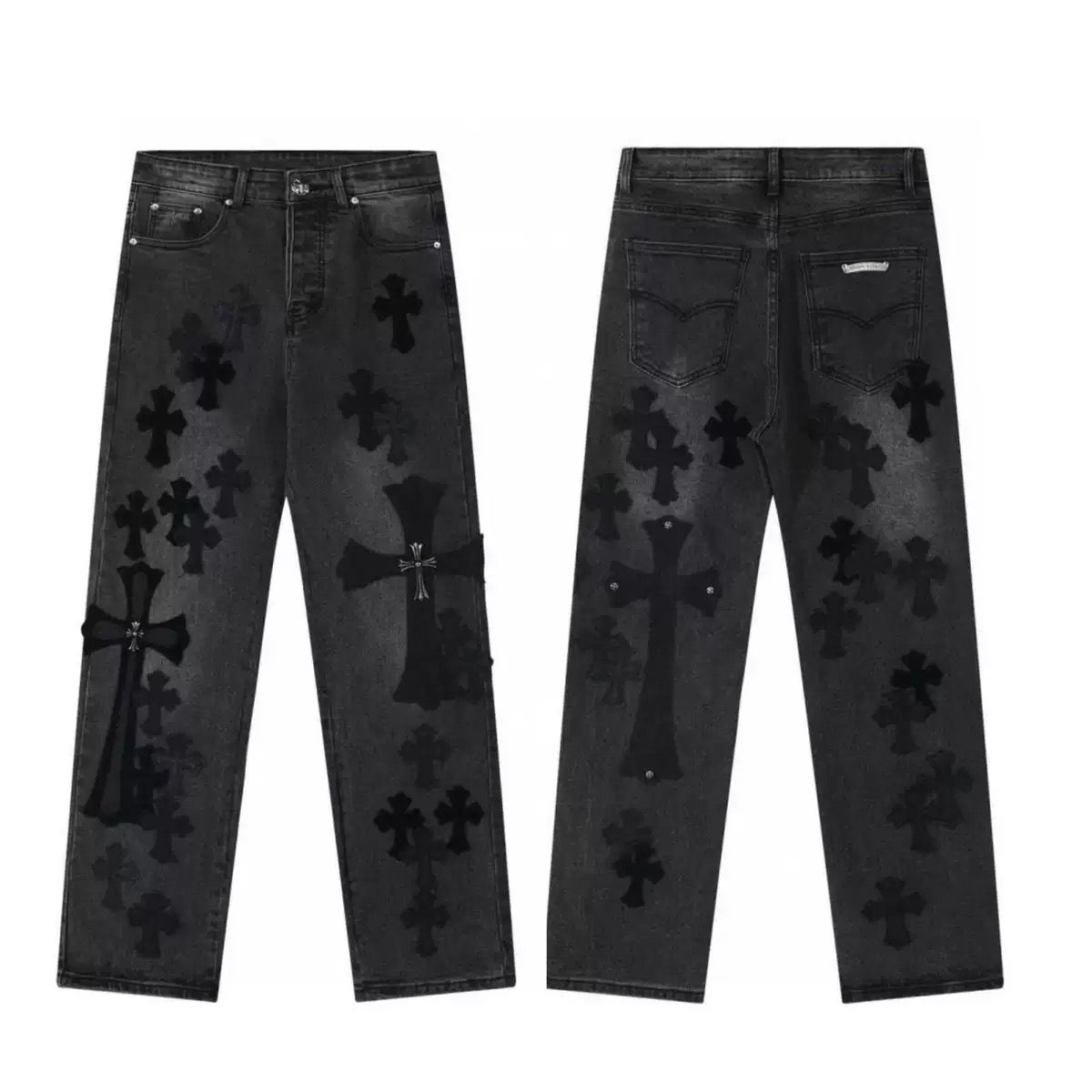 Authentic Chrome Hearts Chrome Hearts Black & Grey Silver Cross Patch Jeans – front view