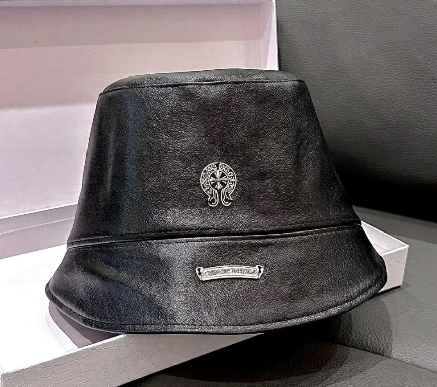 Authentic Chrome Hearts Chrome Hearts Black Leather Bucket Hat with Silver Hardware – front view