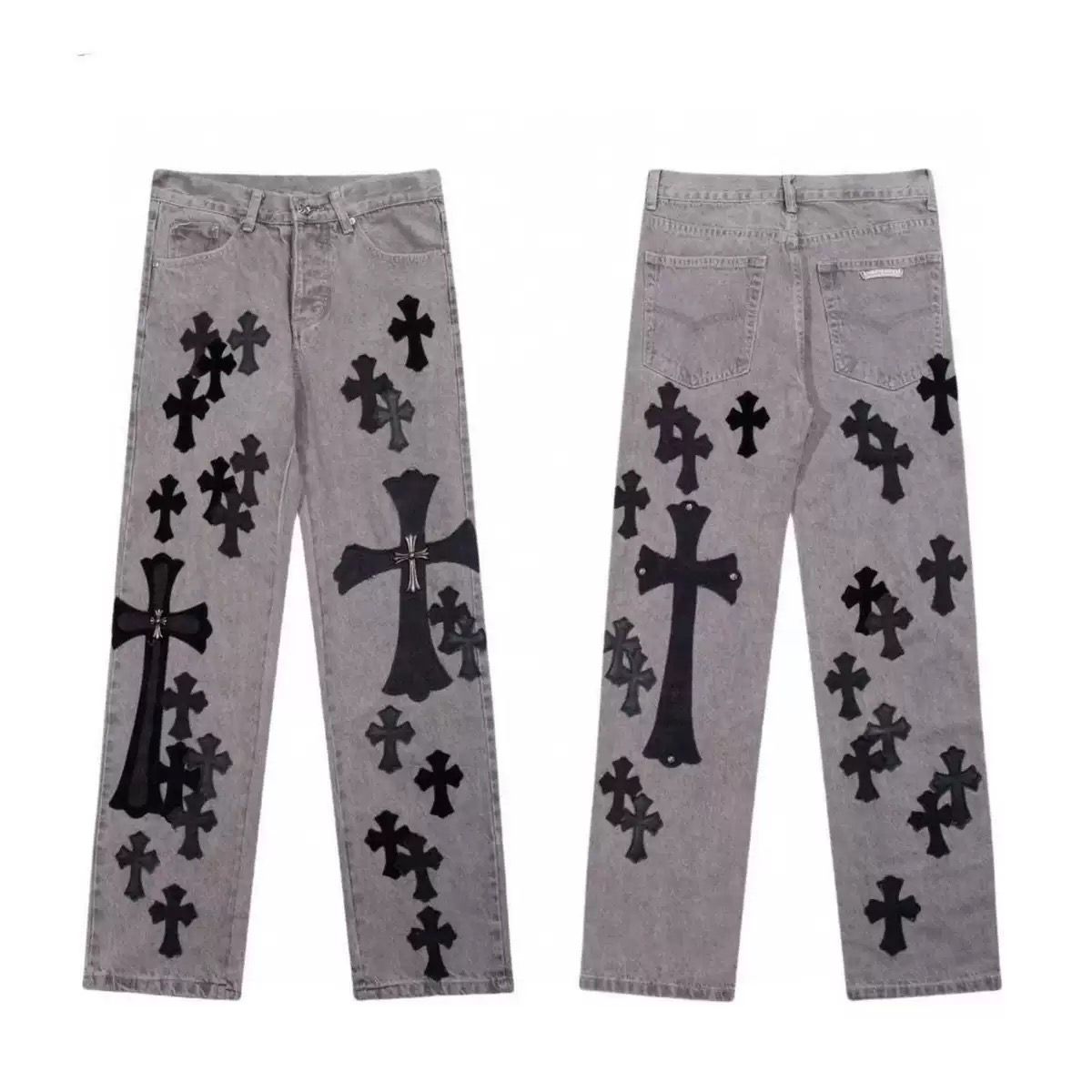 Authentic Chrome Hearts Chrome Hearts Black Leather Cross Patch Denim Jeans Grey Wash – front view