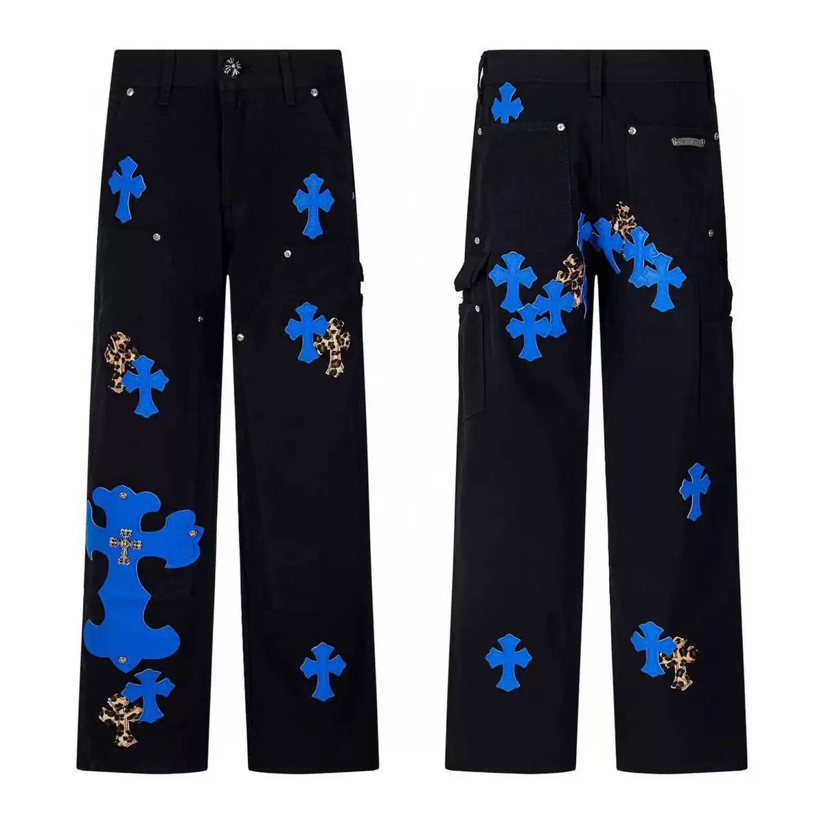Authentic Chrome Hearts Chrome Hearts Blue & Leopard Cross Patch Carpenter Pants Black – front view